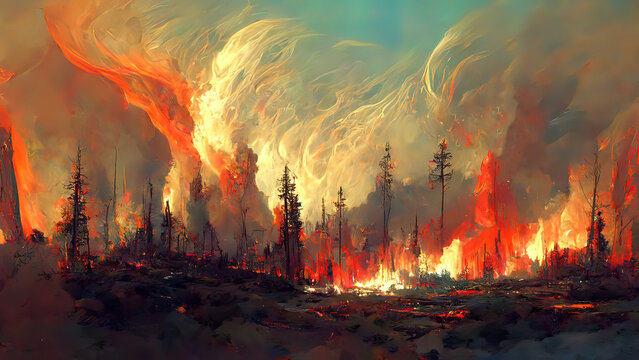 Wildfire, forest burning, 4k digital painting. Illustration of trees that burn. Landscape on fire after a heatwave. Wild flames raging trough the environment. Background, wallpaper. Red, yellow flames