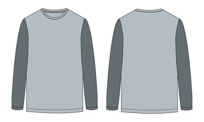 Two tone Color long Sleeve t shirt technical fashion flat sketch vector illustration template front and back views. Apparel design mock up Cad easy edit and customizable