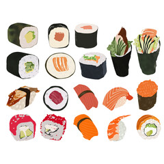 Sushi set.Illustration isolated on white background.