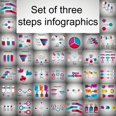 Visualization of business data, infographics. Scheme of the process of elements using graphics, diagrams for three stages, numbers, options, parts. Business vector for presentation.