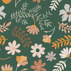 Flowers and twigs repeat seamless pattern background texture on dark green background