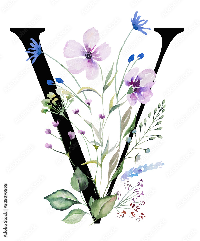 Wall mural Black capital letter V with watercolor wildflowers and leaves, isolated wedding element