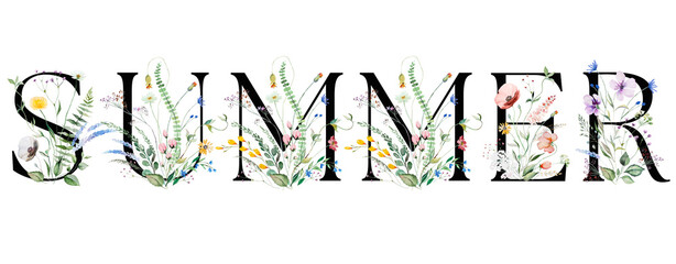 Word SUMMER made of Black capital letters with watercolor wildflowers and leaves, isolated - obrazy, fototapety, plakaty