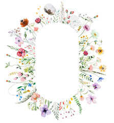 Oval frame made of watercolor wildflowers and leaves, wedding and greeting illustration - obrazy, fototapety, plakaty