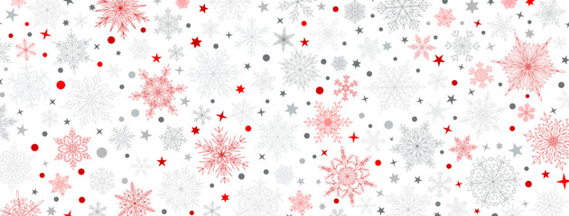 Background of complex big and small Christmas snowflakes in red and gray colors. Winter illustration with falling snow
