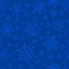 Fototapeta na wymiar Seamless pattern with complex big and small Christmas snowflakes in blue colors. Winter background with falling snow