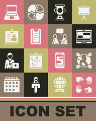 Set Project team base, Location on the globe, Chat messages laptop, Award cup, Clipboard with checklist, Identification badge, Laptop and Two sitting men talking icon. Vector