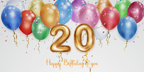 Festive birthday illustration with colored helium balloons, big number 20 golden foil balloon, flying shiny pieces of serpentine and inscription Happy Birthday on white background