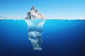 Fototapeta na wymiar Amazing beautiful white iceberg with a view underwater in the ocean. Tip of the iceberg, concept. Hidden danger under water. Melting glaciers.