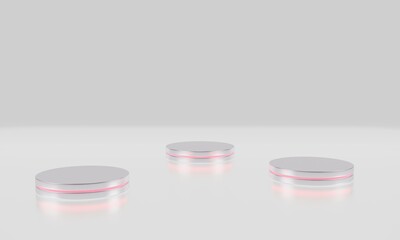 3d render podium for product display number three podium with three lights purple green blue black background