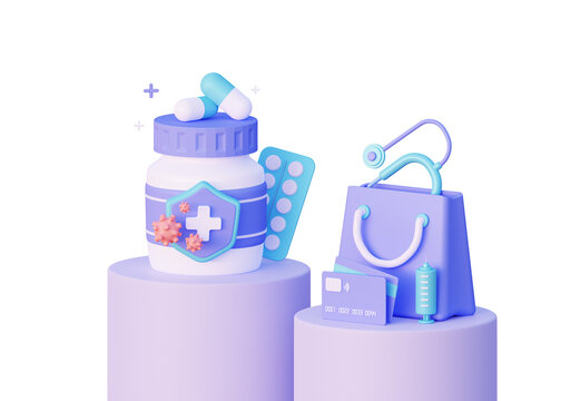 3d purchase of medicines. Online pharmacy store. A bag of medicines and a stethoscope. illustration of 3d rendering. In a cartoon realistic style.