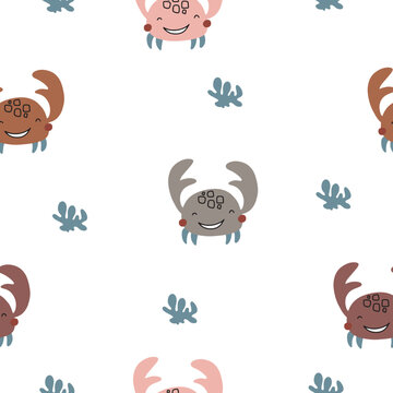 Seamless vector pattern with cute crabs. Vector illustration for cards, t-shirt prints, birthday, party invitations, scrapbook, summer holidays.