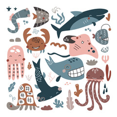 Cute vector ocean set with sea creatures for girls and boys, summer baby shower and birthday party design. Jellyfish, Crab, Turtle, Octopus, Fish, Stingray, Whale