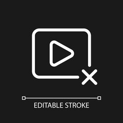 Delete video pixel perfect white linear ui icon for dark theme. Cancel playing. Visual content. Vector line pictogram. Isolated user interface symbol for night mode. Editable stroke. Arial font used