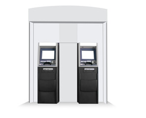 Booth of two ATM Automated Teller Machines isolated on white background for advertising mockup template. Out-of-home OOH media display space for bank advertisements branding; with clipping paths.