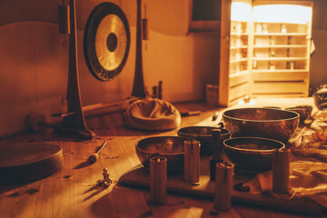 beautiful tibetan bowl and gong , ceremonial space. - obrazy, fototapety, plakaty