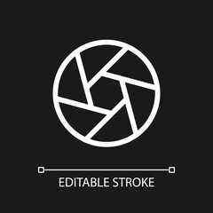 Camera diaphragm pixel perfect white linear ui icon for dark theme. Optical mechanism. Vector line pictogram. Isolated user interface symbol for night mode. Editable stroke. Arial font used