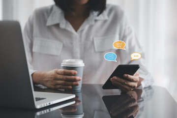 closeup woman hands using smart phone with message icon as chatting