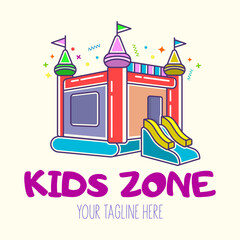 Bouncy castle cartoon logo. Kids zone concept. Children Playground sign.