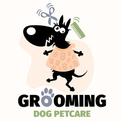 Obraz na płótnie Canvas Dog or pet grooming and washing logo design template with funny cartoon puppy. Pet Care salon sign. Vector illustration.