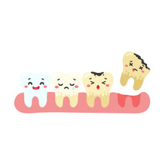 Cartoon teeth and gums inside the mouth are happy with the problem of tooth decay. There are plaque on the teeth.