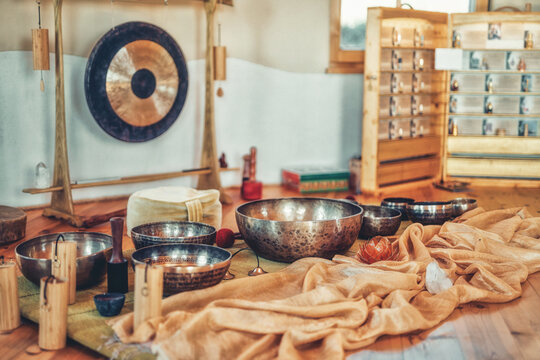 beautiful tibetan bowl and gong , ceremonial space.