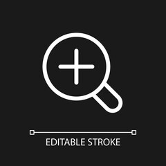 Fototapeta premium Magnifier and plus pixel perfect white linear ui icon for dark theme. Image enlargement. Vector line pictogram. Isolated user interface symbol for night mode. Editable stroke. Arial font used