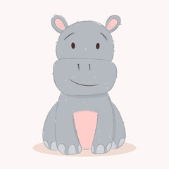 Obraz na płótnie Canvas Cute funny baby hippopotamus. Wild african adorable animal character for design of album, scrapbook, card and invitation. Hand draw cartoon colorful vector illustration.