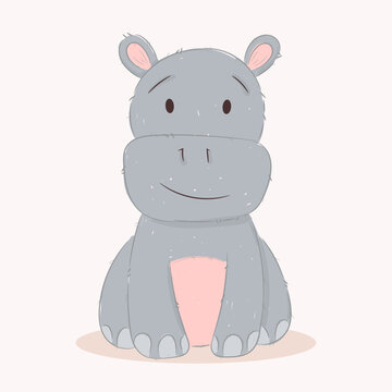 Cute funny baby hippopotamus. Wild african adorable animal character for design of album, scrapbook, card and invitation. Hand draw cartoon colorful vector illustration.