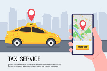 Hand holding smartphone with Taxi app on screen. Banner for Taxi service. Vector.