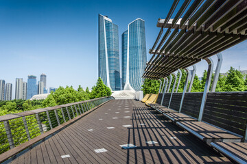Modern city buildings, park foreground