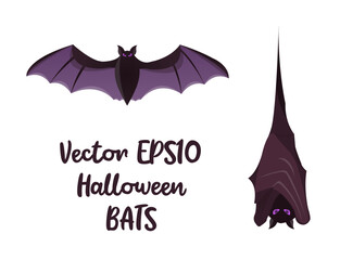 Halloween hanging bat and flying bat. Halloween party element for kids party. Isolated vector illustration for poster, banner, cover, menu, advertising.