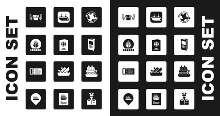 Set Worldwide, Passport, Cruise ship, Poker table, Brochure, Lifeboat, and ticket icon. Vector