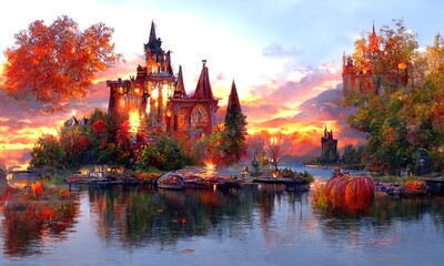 Fototapeta na wymiar Evening autumn calm landscape. Old castle surrounded by trees on a bank of still river. Natural beautiful scene. Fantasy wallpaper. Digital painting illustration.