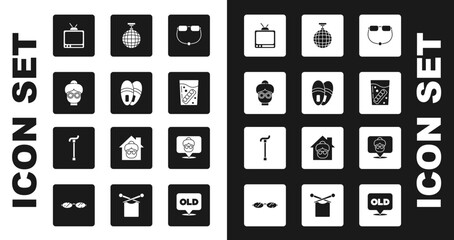 Set Eyeglasses, Slippers, Grandmother, Retro tv, False jaw in, Disco ball, Nursing home and Walking stick cane icon. Vector