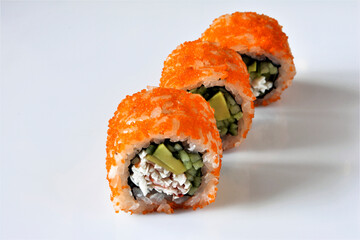 Rolls and sushi on a white background. Japan restaurant menu