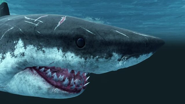 A close-up view of a lone shark swimming past the camera just below the surface of the ocean waves.