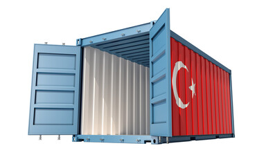 Cargo Container with open doors and Turkey national flag design. 3D Rendering
