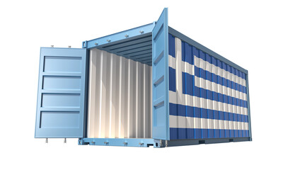 Cargo Container with open doors and Greek national flag design. 3D Rendering
