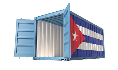 Cargo Container with open doors and Cuba national flag design. 3D Rendering
