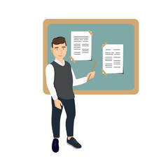 Young teacher professor standing in front of blackboard teaching in classroom. Online education. Vector illustration