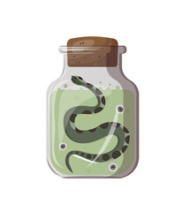 Halloween eyes and a green snake in a can with liquid. Halloween party sweet treat, element for kids party. Isolated vector illustration for poster, banner, cover, menu, advertising.