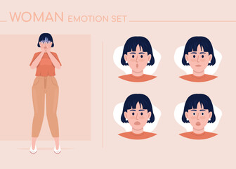 Confused young woman semi flat color character emotions set. Editable facial expressions. Doubt vector style illustration for motion graphic design and animation. Comfortaa font used