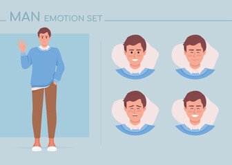 Fototapeta premium Positive young man semi flat color character emotions set. Editable facial expressions. Happiness vector style illustration for motion graphic design and animation. Comfortaa font used