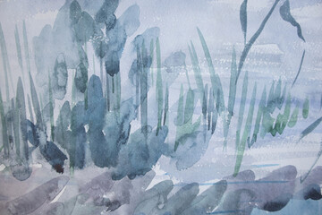 Backwater shore with boggy aquatic vegetation. Dim one color pale blue painting. Grungy paper weathered wet brush strokes. Texture with blots and stains.