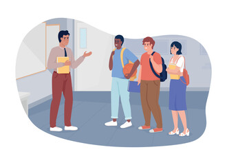 Fototapeta premium Teacher communicating with students 2D vector isolated illustration. Informal atmosphere flat characters on cartoon background. college colourful editable scene for mobile, website, presentation