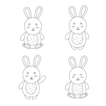 Set of hare, bunny outline, line style. Vector illustration
