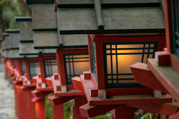 Fototapeta na wymiar 京都 貴船神社の朱色が美しい灯籠