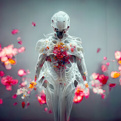 Conceptual technology illustration of artificial intelligence. with flowers and body.
