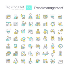 Trend management RGB color icons set. Stock market analytics. Trading strategy. Isolated vector illustrations. Simple filled line drawings collection. Editable stroke. Quicksand-Light font used